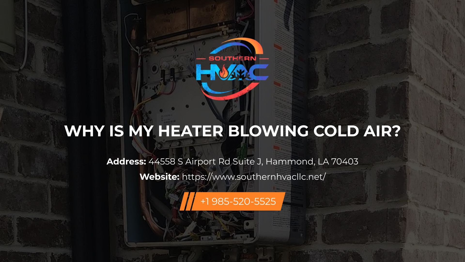 Southern HVAC ad text on a blurry background of an open electrical panel, featuring their contact info and website.