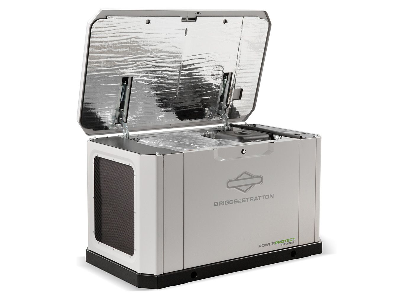 A white, rectangular Briggs & Stratton standby generator with its metal lid open, isolated on a white background.