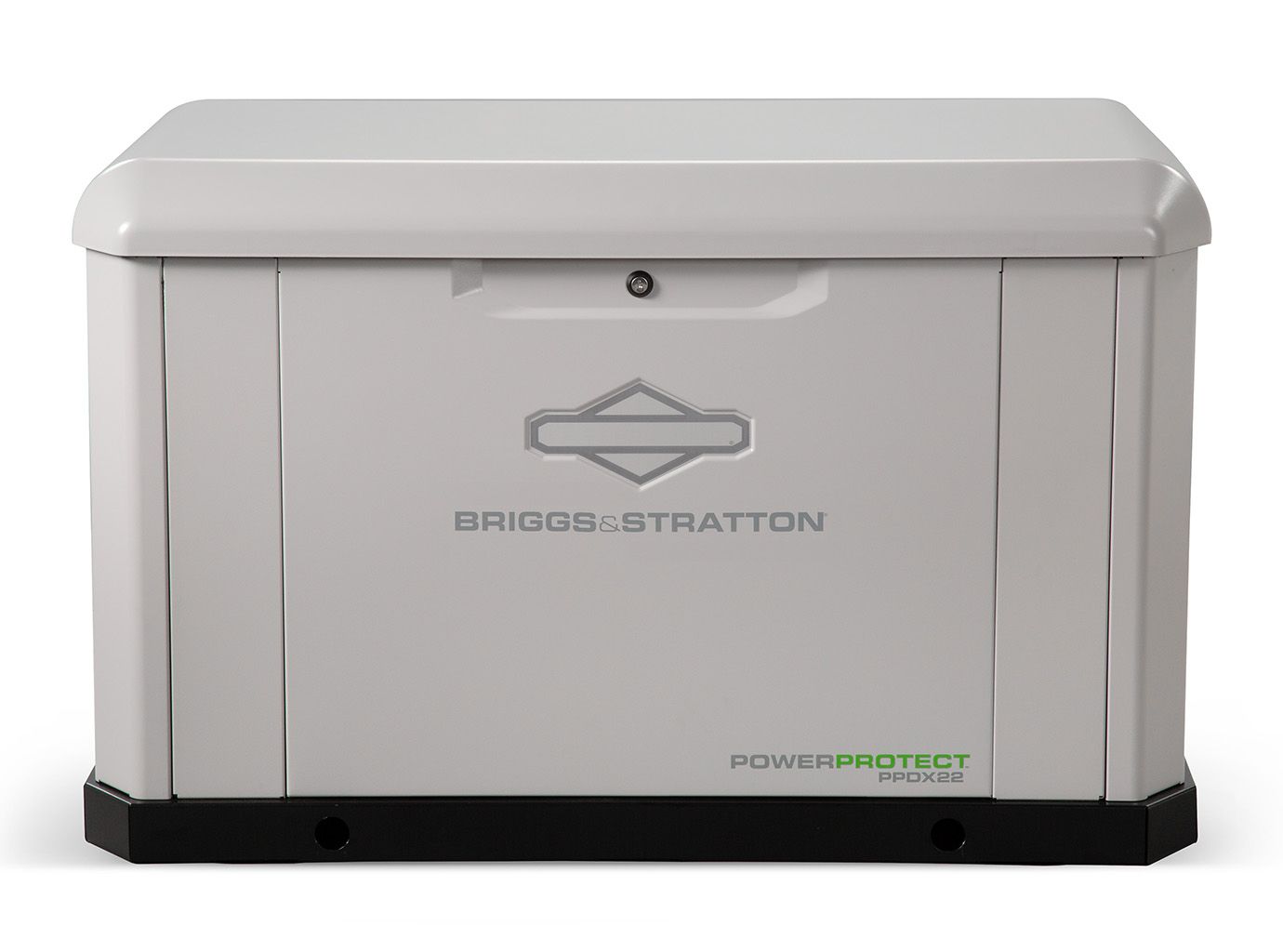A light gray, rectangular Briggs & Stratton PowerProtect standby generator with a black base.