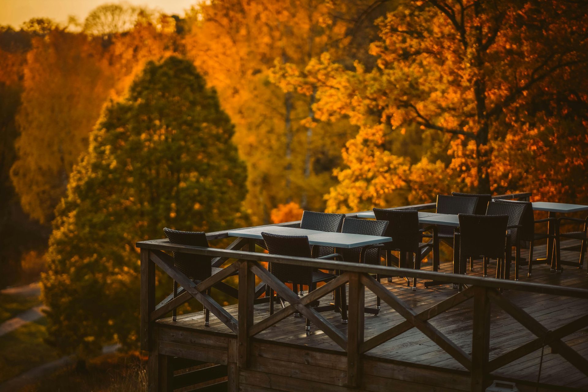 Outdoor deck with tables and chairs overlooking autumn trees at sunset