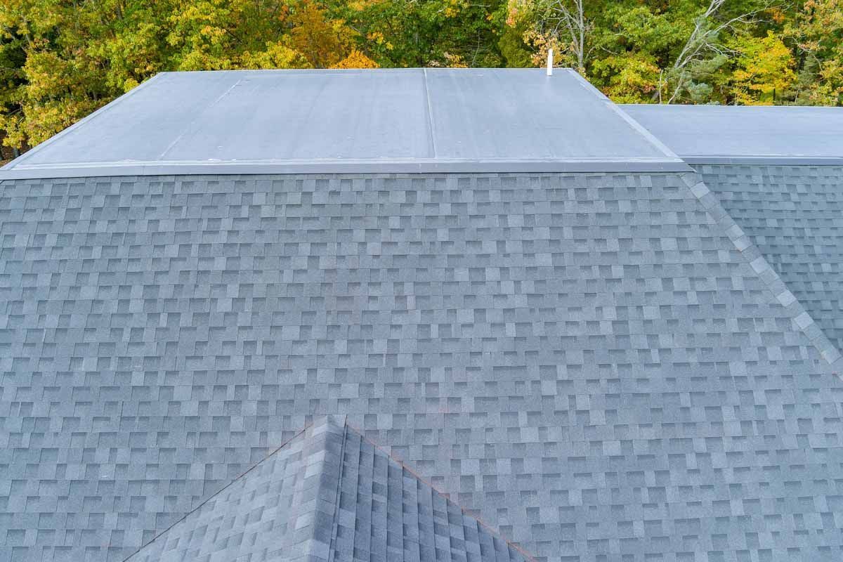 Gray shingled rooftop with a metal ridge, backed by green trees in daylight