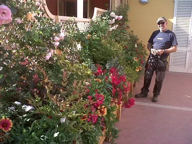 Un uomo in piedi su un patio di mattoni accanto a un grande cespuglio fiorito vicino alla porta di una casa.