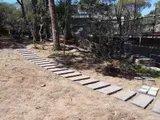 Una stretta passerella di assi di legno si snoda attraverso un cortile arido e sabbioso, con alberi e una recinzione nelle vicinanze.