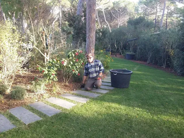 Una persona è inginocchiata in un giardino soleggiato, accanto a dei gradini di pietra e a una fioriera nera, con alberi e arbusti nelle vicinanze.