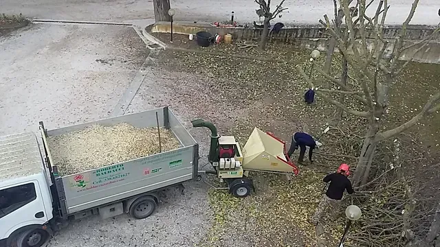 Operai accanto a un camion e a una piccola tenda in un deposito di ghiaia, vicino ad alberi e a una carriola.
