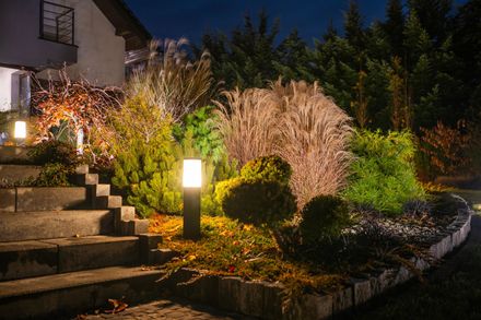 Scalini in pietra illuminati e sentiero del giardino di notte, con luci scintillanti, arbusti e una casa sullo sfondo.