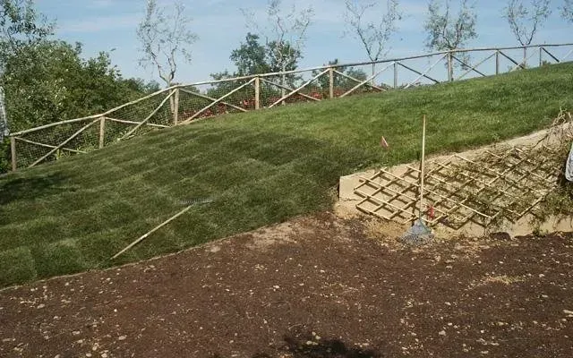 Pendio erboso con recinzione in legno, sentiero sterrato e muro di contenimento in pietra sotto un cielo azzurro.