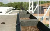 Una fila di fioriere rialzate sul tetto, accanto a un edificio bianco e a una recinzione, sotto un cielo nuvoloso.