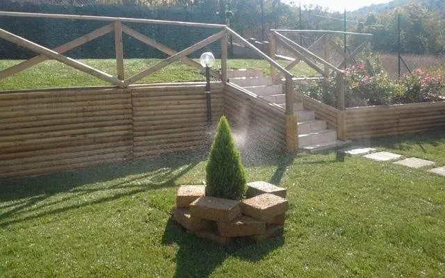 Cortile soleggiato con un piccolo arbusto conico in una fioriera di pietra, prato e recinzione in legno con scalini.