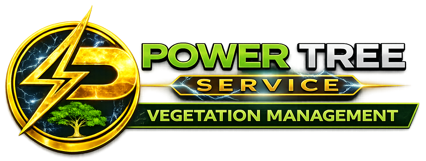 Logo for Power Tree Service: black "P" with lightning bolt inside a green and yellow circle; text reads "Power Tree Service."