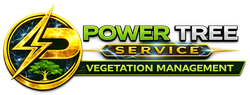 Logo for Power Tree Service: black "P" with lightning bolt inside a green and yellow circle; text reads "Power Tree Service."