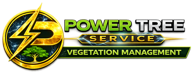 Logo for Power Tree Service: black "P" with lightning bolt inside a green and yellow circle; text reads "Power Tree Service."