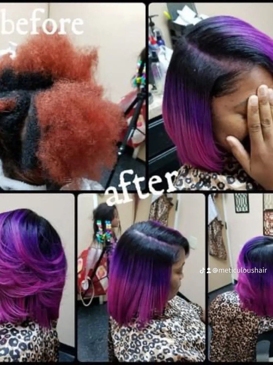 Hair transformation collage showing curly red hair before and sleek purple-black bob after.