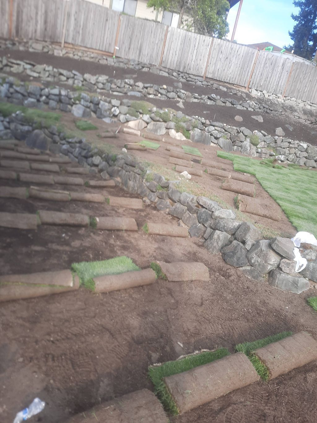 Stepped stone and gravel garden path with low rock borders and a wooden fence in the background
