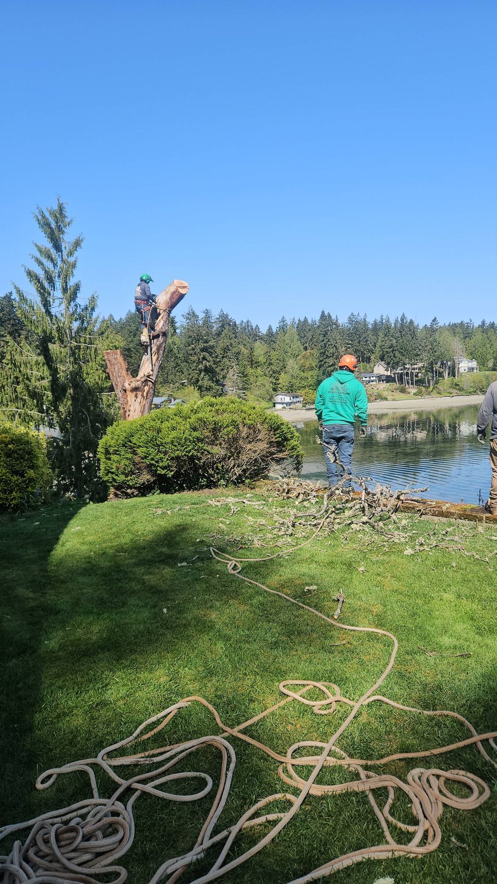 Two people by a pond with a rope on the grass, trees and blue sky in the background.