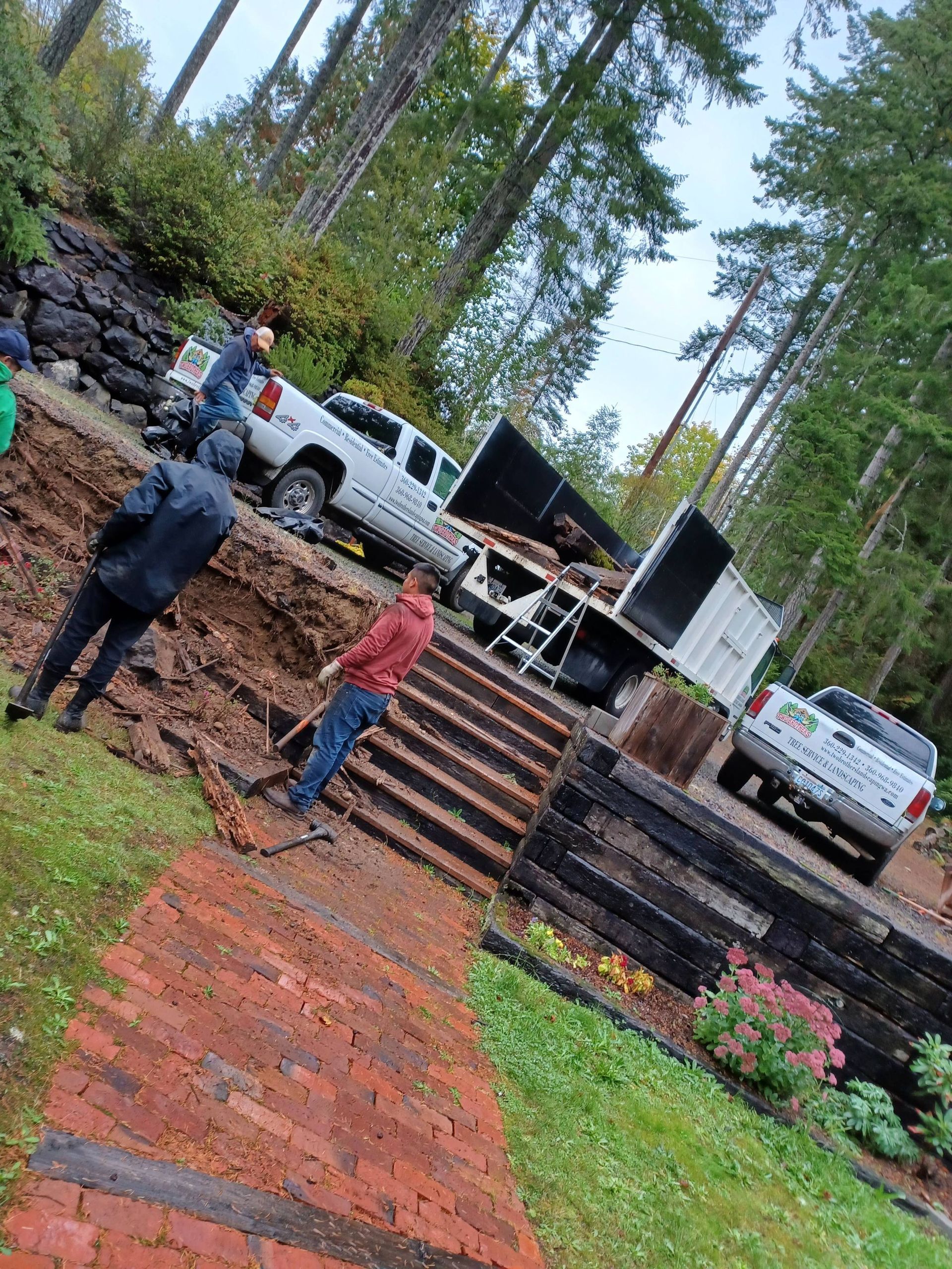 People gathered on outdoor steps near white trucks in a wooded setting