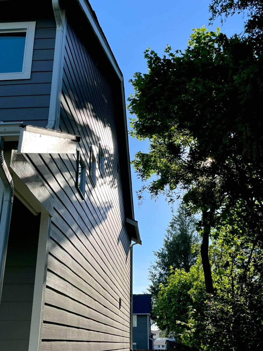 House exterior with gray siding beside a leafy tree under a clear blue sky