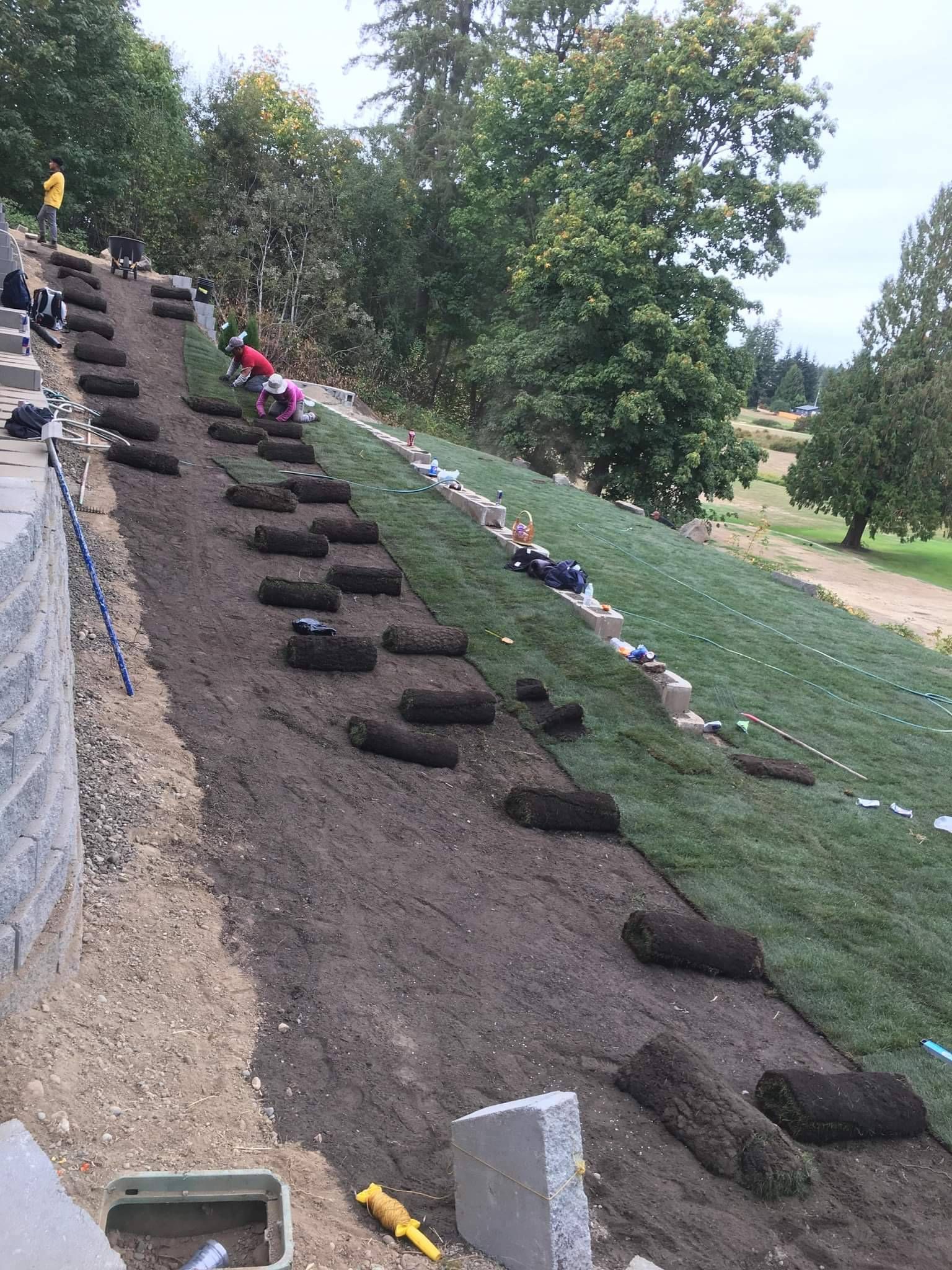Row of black sod rolls laid on a steep grassy slope beside a stone path and trees