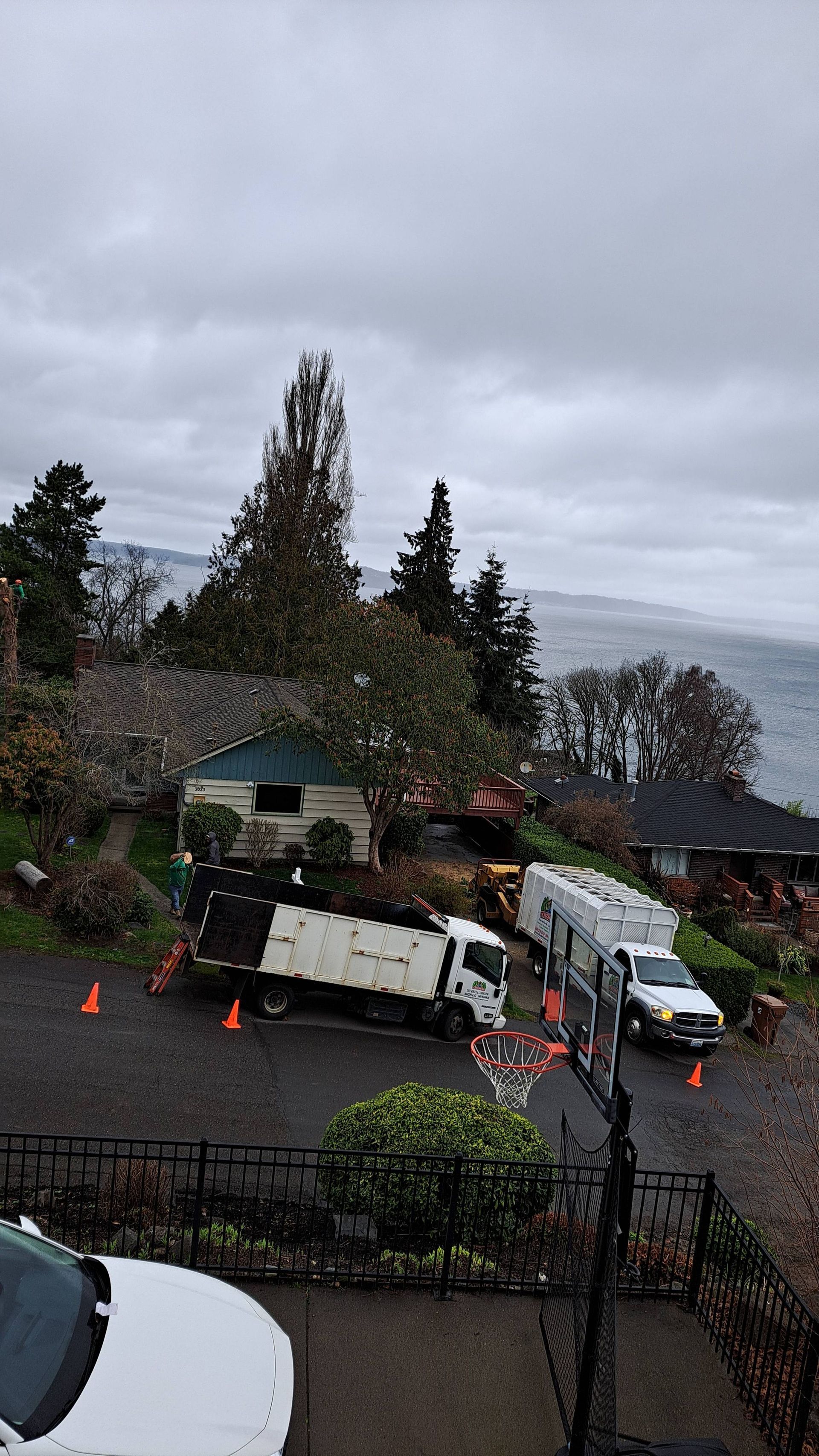 Two white utility trucks and cones on a rainy roadside with trees and houses nearby