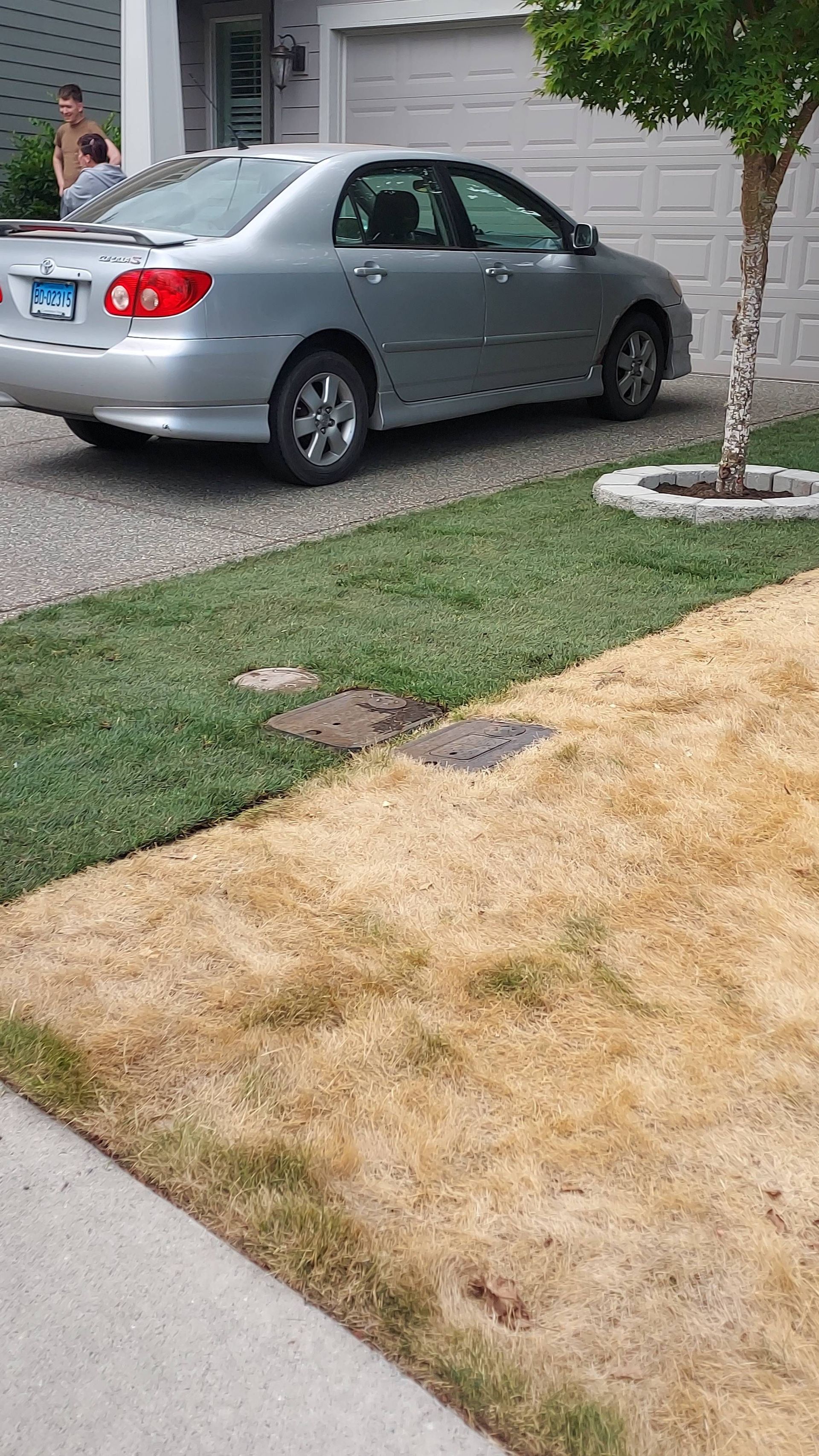 Silver sedan parked by a suburban curb beside a patchy lawn and sidewalk.