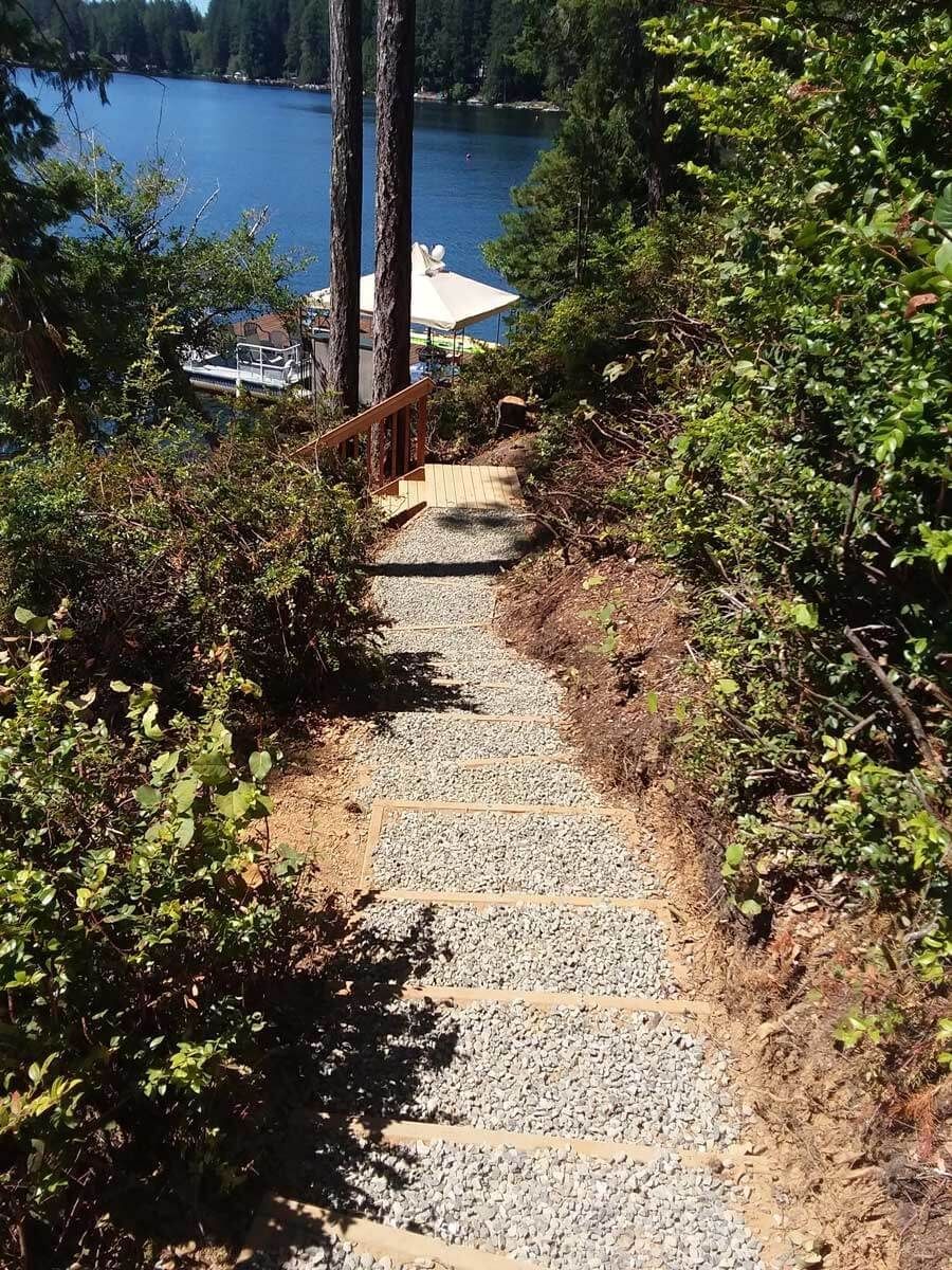 A path leading to a lake surrounded by trees and bushes.