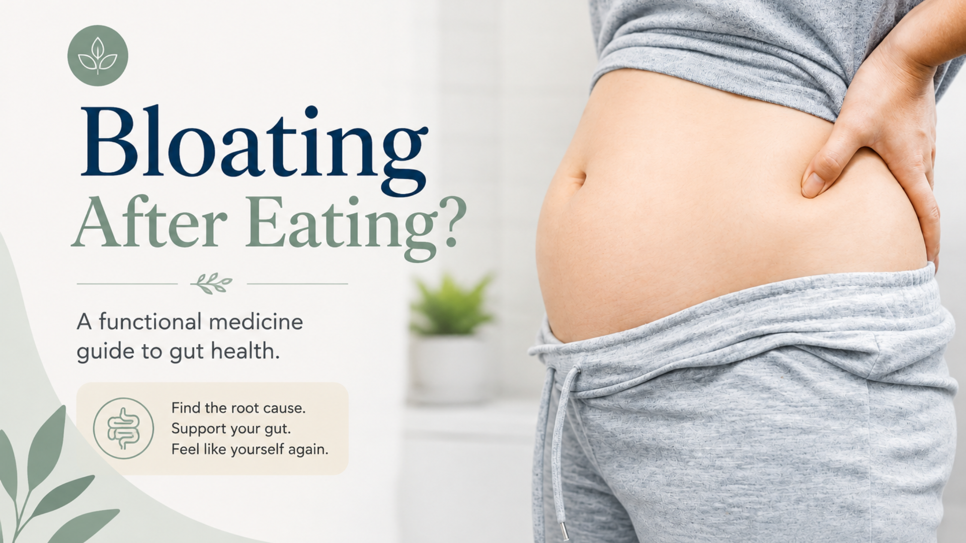 Person with a bloated abdomen after eating, illustrating chronic bloating and digestive discomfort r