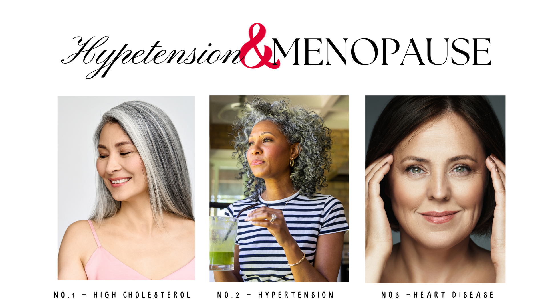 Hypertension and menopause. Three separate women smiling.