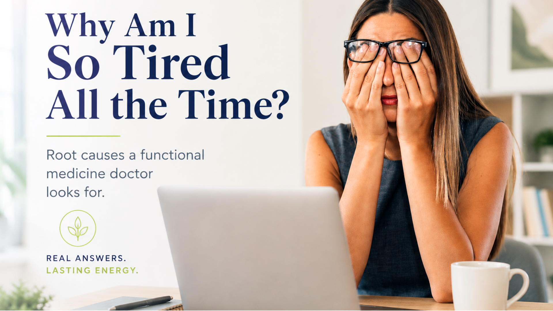 Woman feeling exhausted while working on a laptop, illustrating chronic fatigue and the root causes