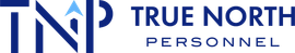 Logo for True North Personnel; navy blue TNP design with light blue arrow,