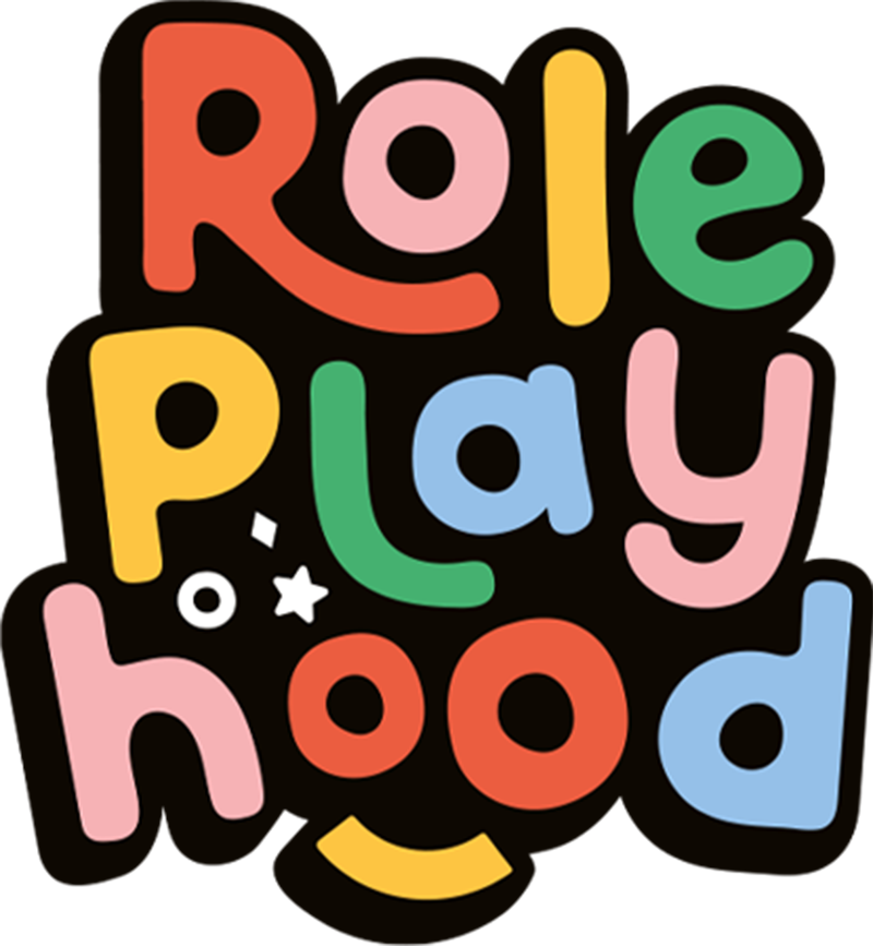 Colorful “Role Play Hood” text logo in playful rounded letters on a black background