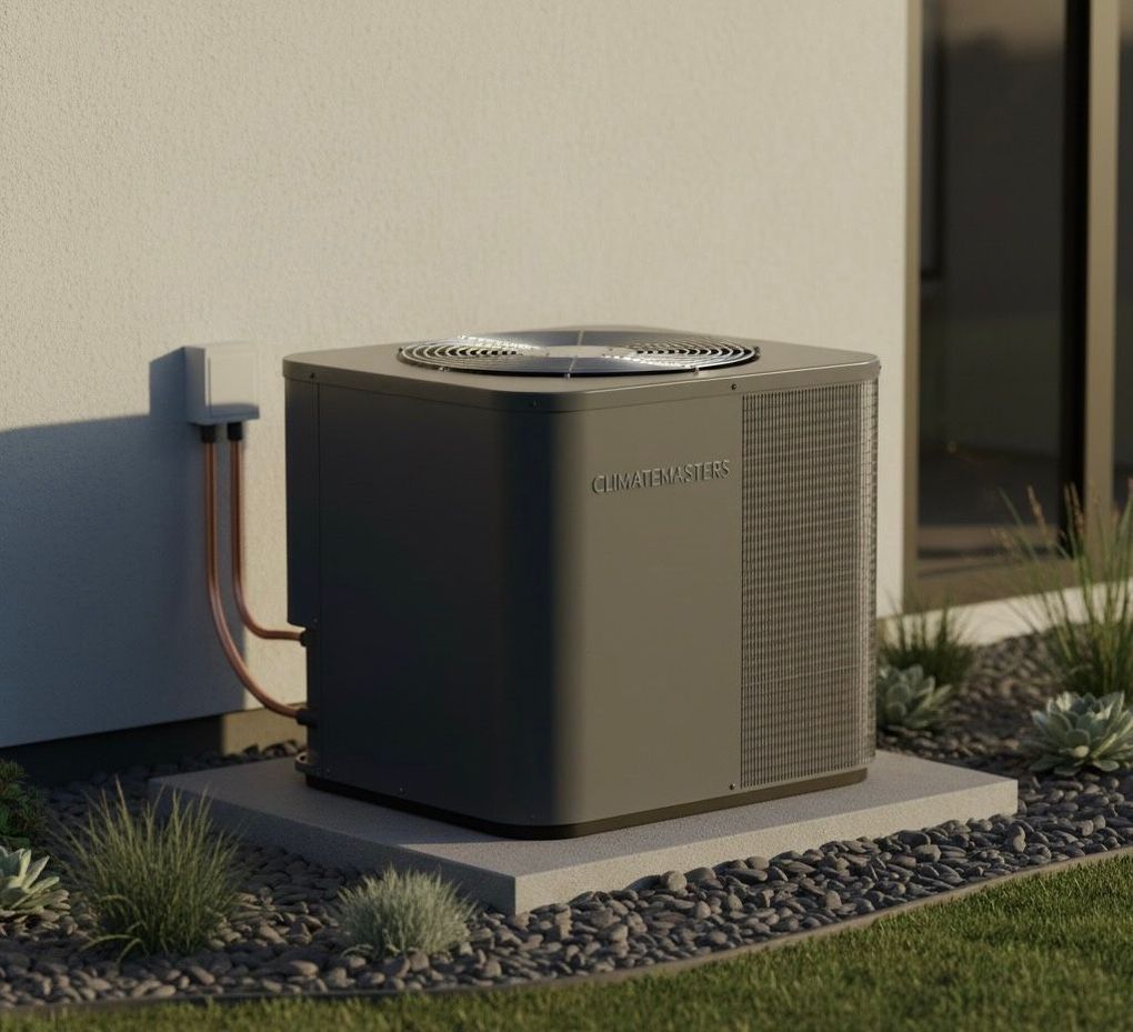 A gray air conditioning condenser unit sits on a concrete pad next to a light-colored exterior wall and decorative rocks.