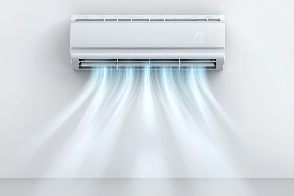White wall-mounted air conditioner blowing cool air downward against a white wall.
