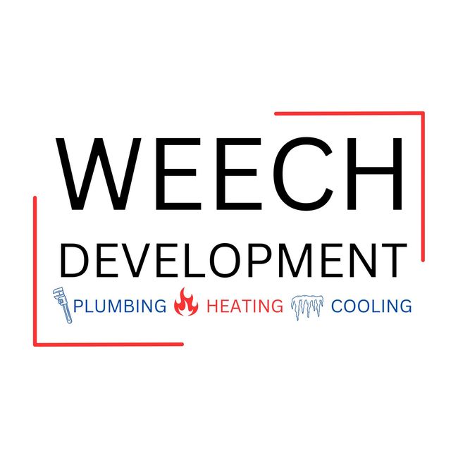 Logo for Weech Development with text for plumbing, heating, and cooling services, accented by red line borders and icons.