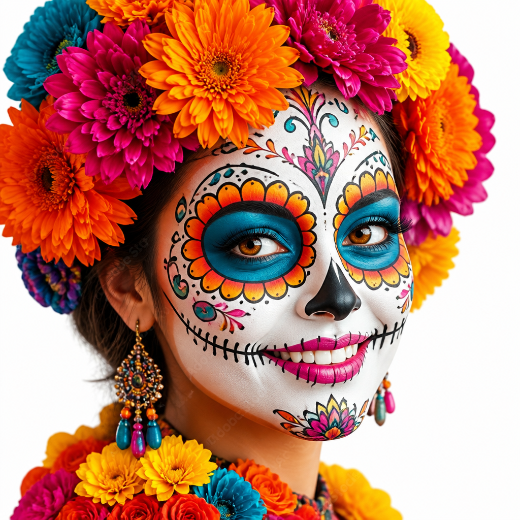Colorful sugar skull makeup with bright flower crown and floral earrings on a smiling face