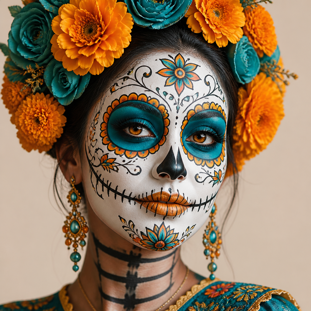 Portrait of a person with blue-and-orange floral face paint, marigold crown, and decorative earrings