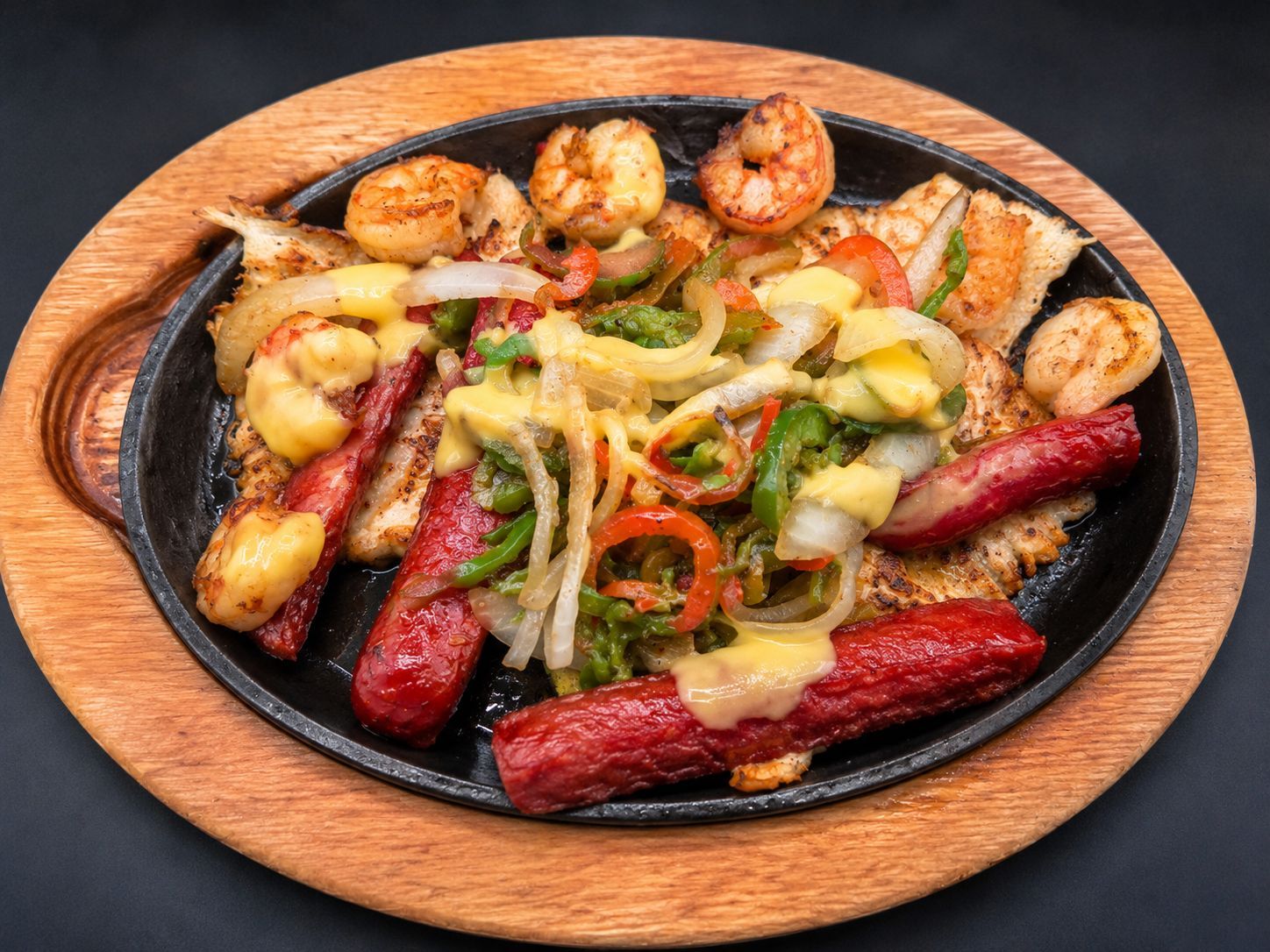 Sizzling mixed grill with sausages, shrimp, and vegetables on a round wooden platter