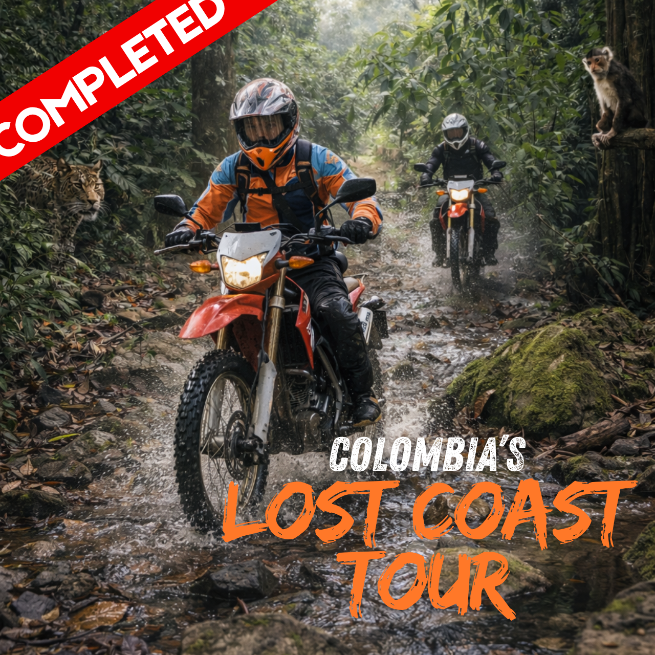 Two people on motorcycles ride through a muddy forest path.