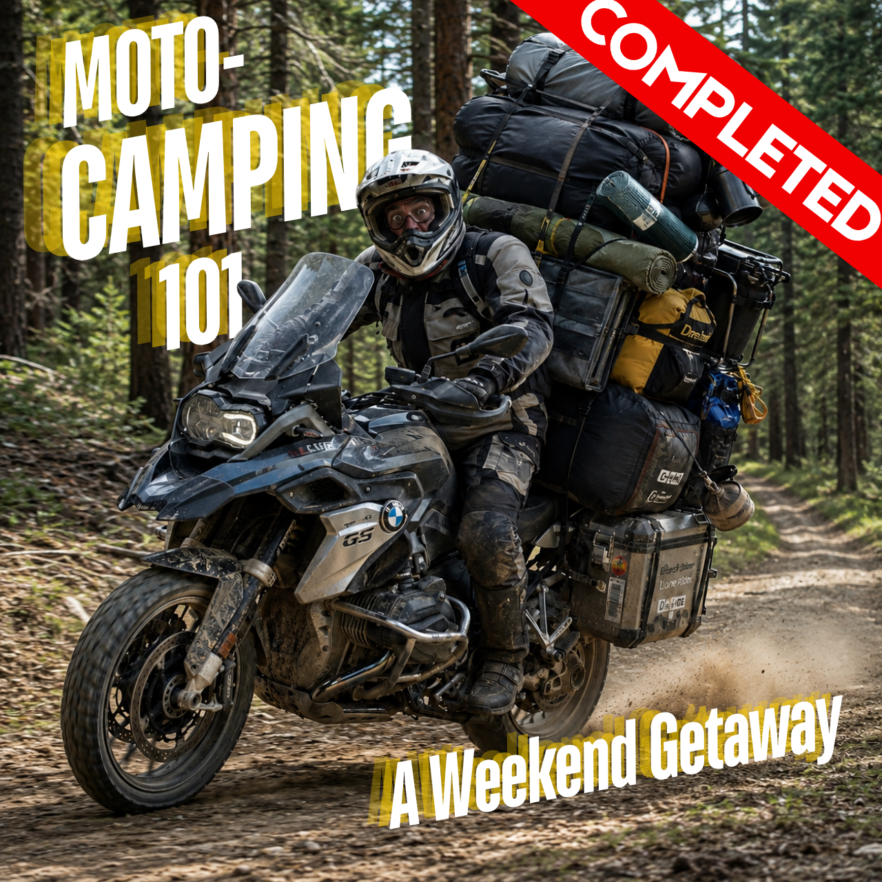 An overpacked motorcycle riding in the forest