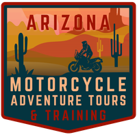 Arizona motorcycle tour logo: rider on a motorcycle in desert setting, cacti, red/orange sky.