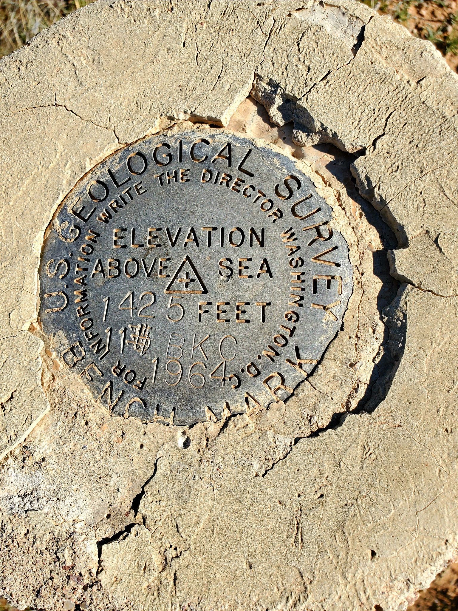 A circular metal survey marker embedded in concrete, marked 
