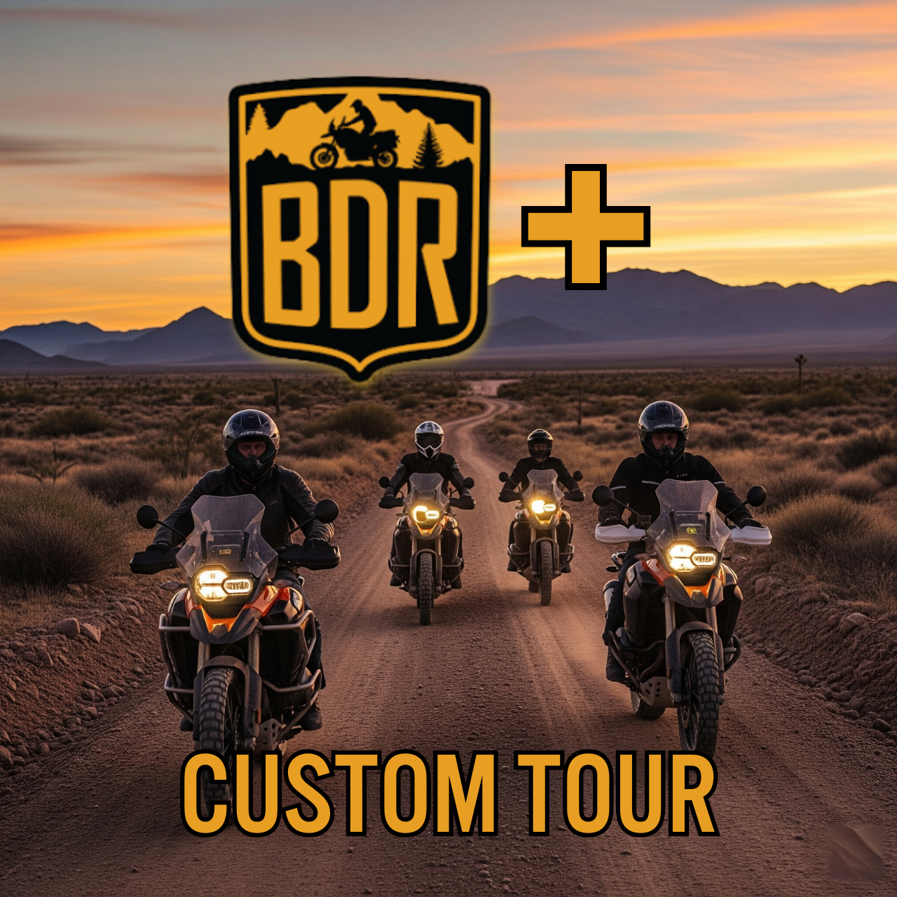 Motorcyclists on dirt road, with BDR logo for custom tour, in a desert landscape.
