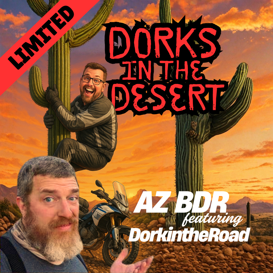 Two men in the Arizona desert, one clinging to a cactus, the other with a motorcycle. 