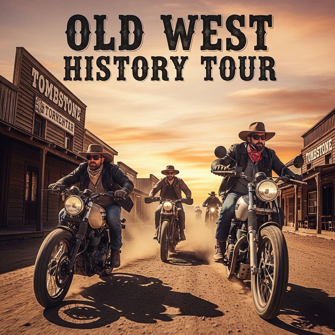 Motorcyclists riding in a dusty western town during sunset; 