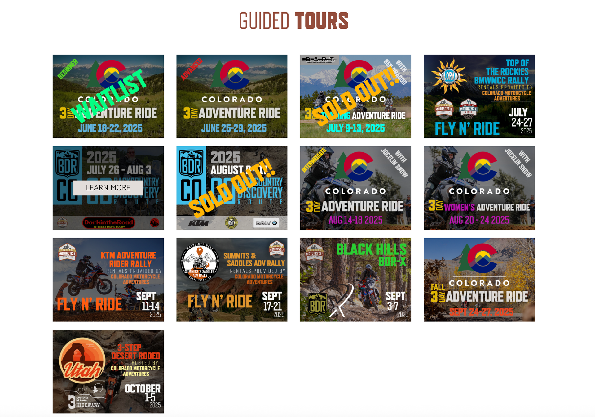 Aliced Tours: Adventure ride tour event promotion, with Colorado flag and motorcycle graphics.