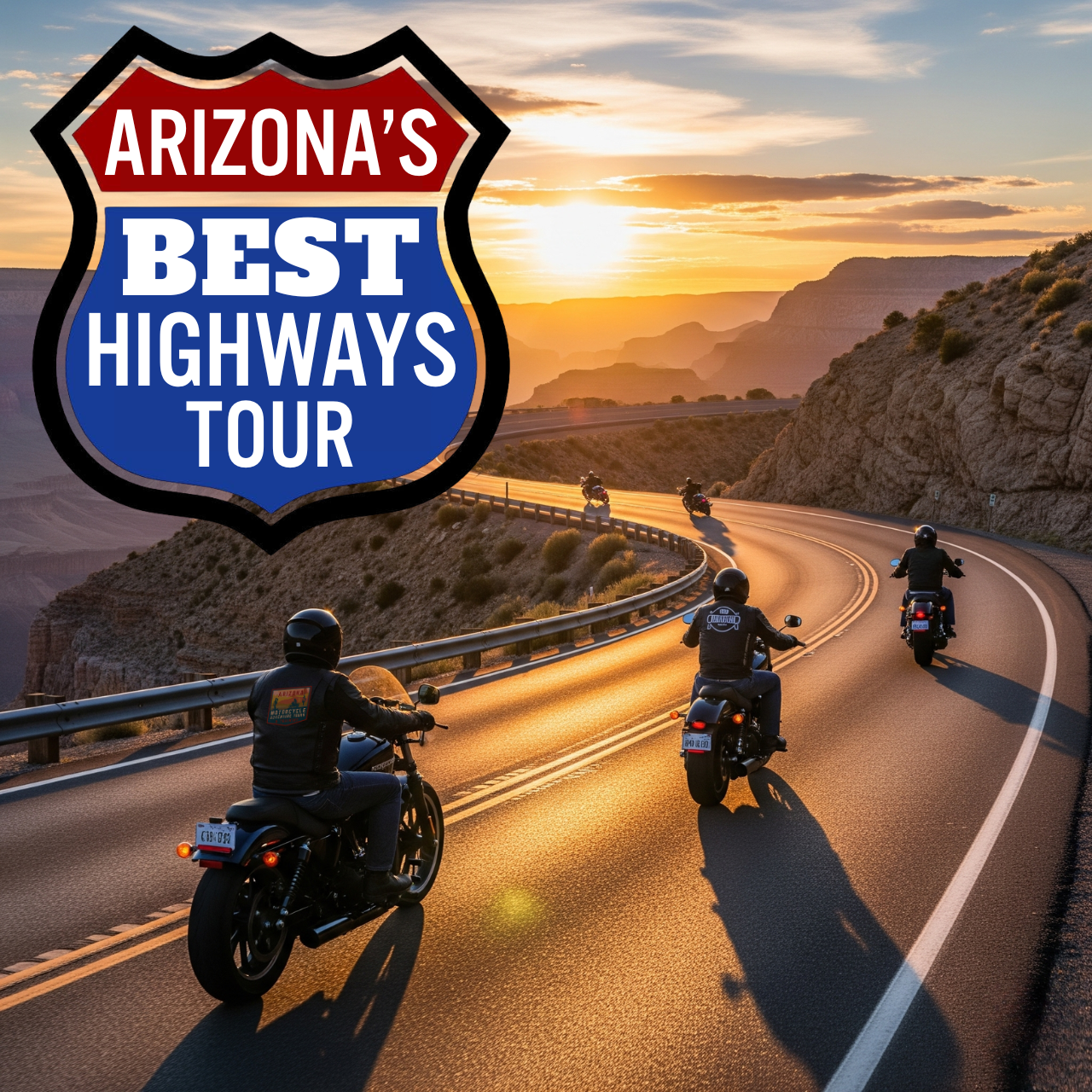 Motorcyclists ride Arizona highway at sunset; tour logo in the corner.