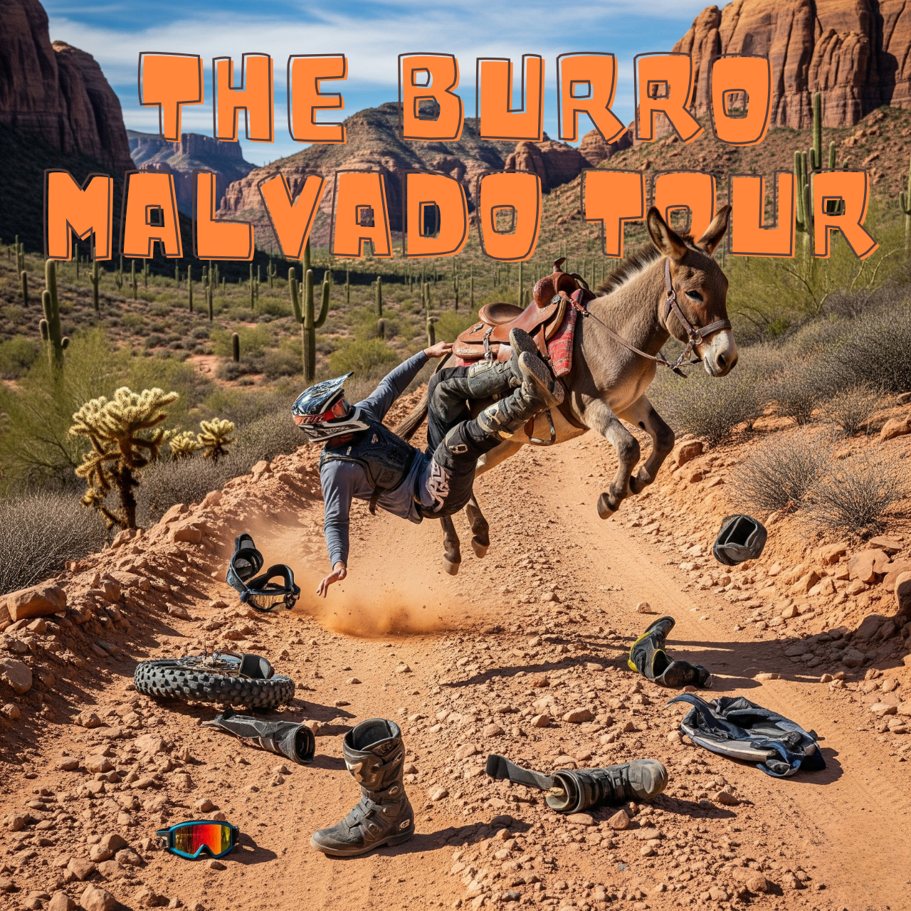Man falls off a jumping donkey on a desert trail. Gear is scattered on the ground.
