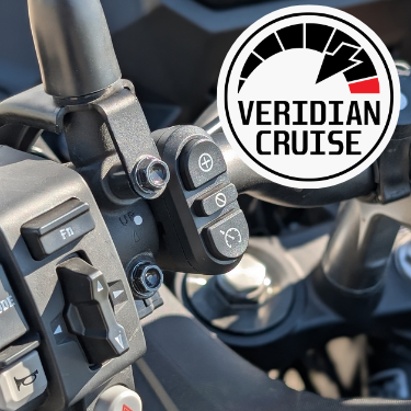 Motorcycle handlebar with Veridian Cruise control module. Black controls, gauge logo, outdoor setting.