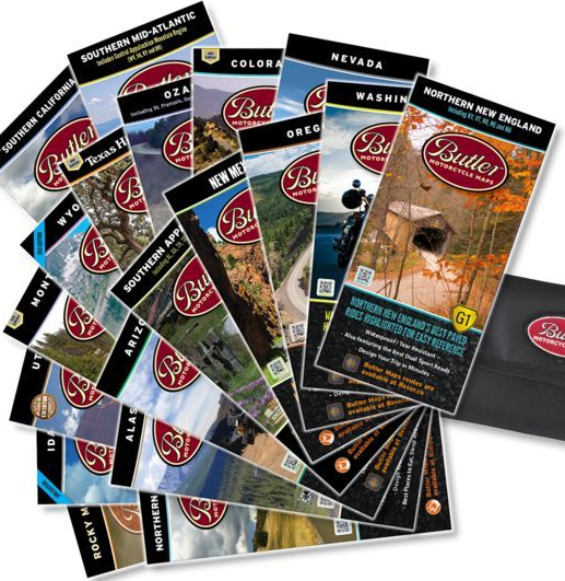 Collection of Butler Motorcycle Maps fanned out, showcasing state and regional titles.