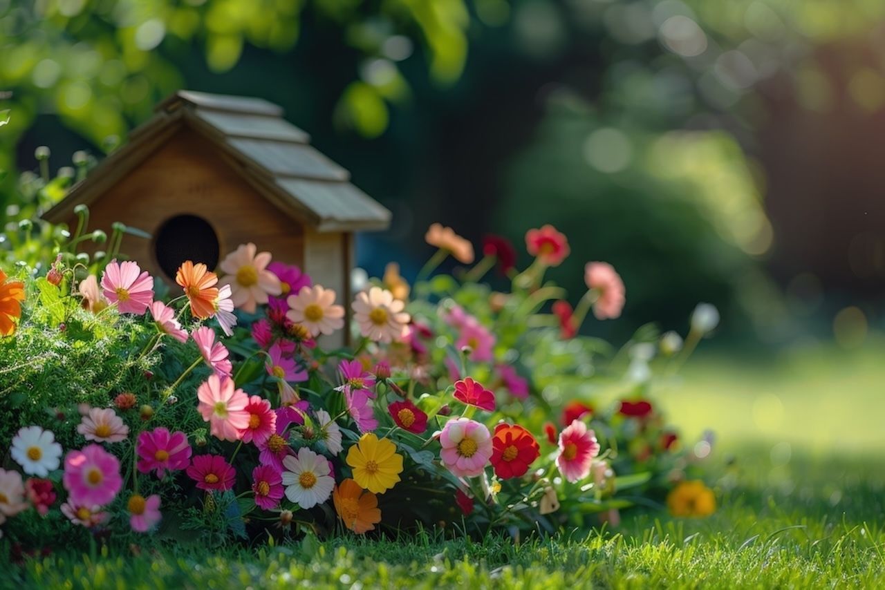 Bunt blühende Gartenblumen neben einem kleinen hölzernen Vogelhaus auf grünem Gras.
