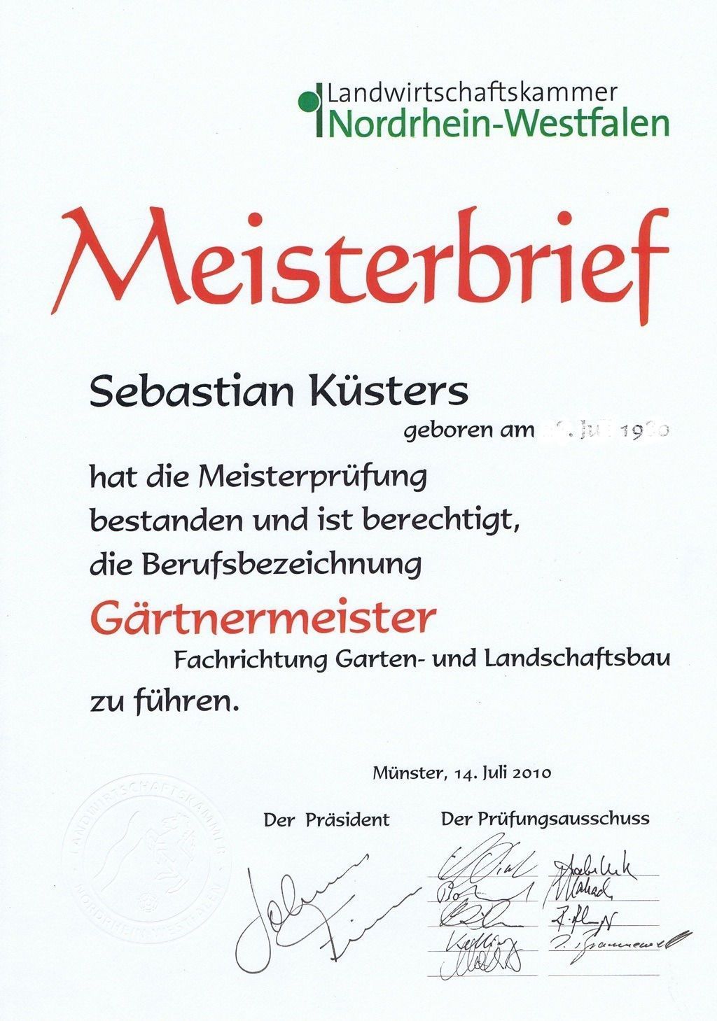 Meisterbrief Sebastian Küsters